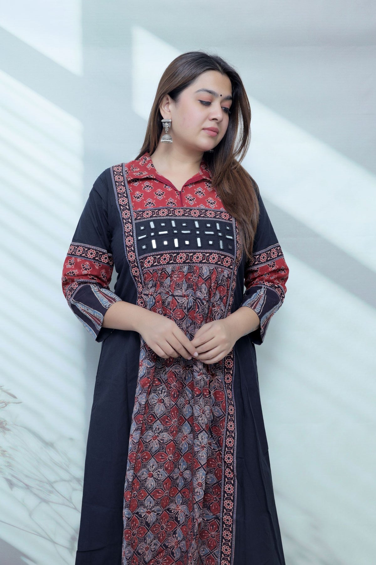 Riya Ajarakh Plain Mirror & Collar Cotton  Long Kurti/One Piece
