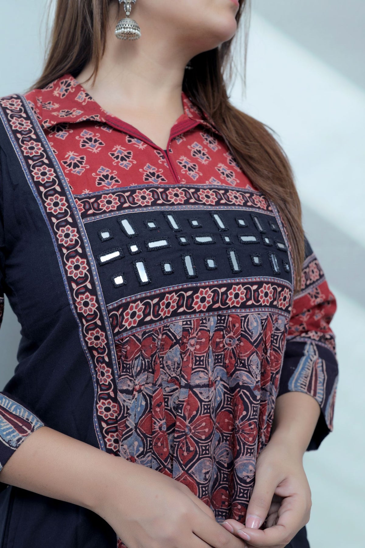 Riya Ajarakh Plain Mirror & Collar Cotton  Long Kurti/One Piece