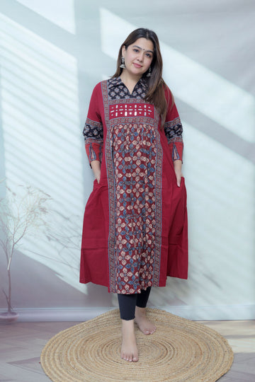 Riya Ajarakh Plain Mirror & Collar Cotton  Long Kurti/One Piece