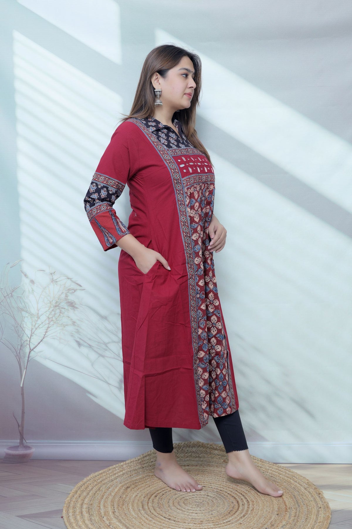 Riya Ajarakh Plain Mirror & Collar Cotton  Long Kurti/One Piece