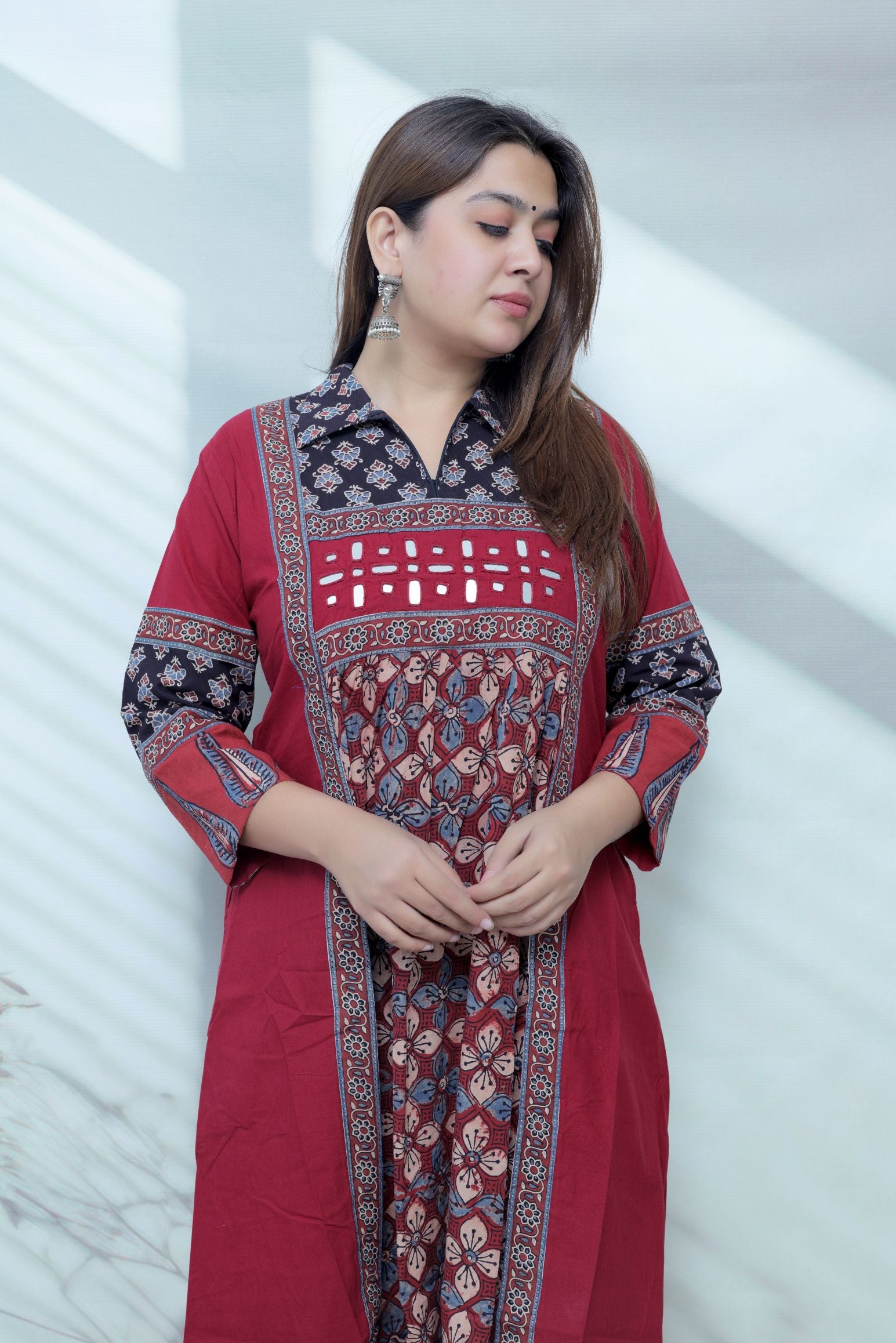 Riya Ajarakh Plain Mirror & Collar Cotton  Long Kurti/One Piece