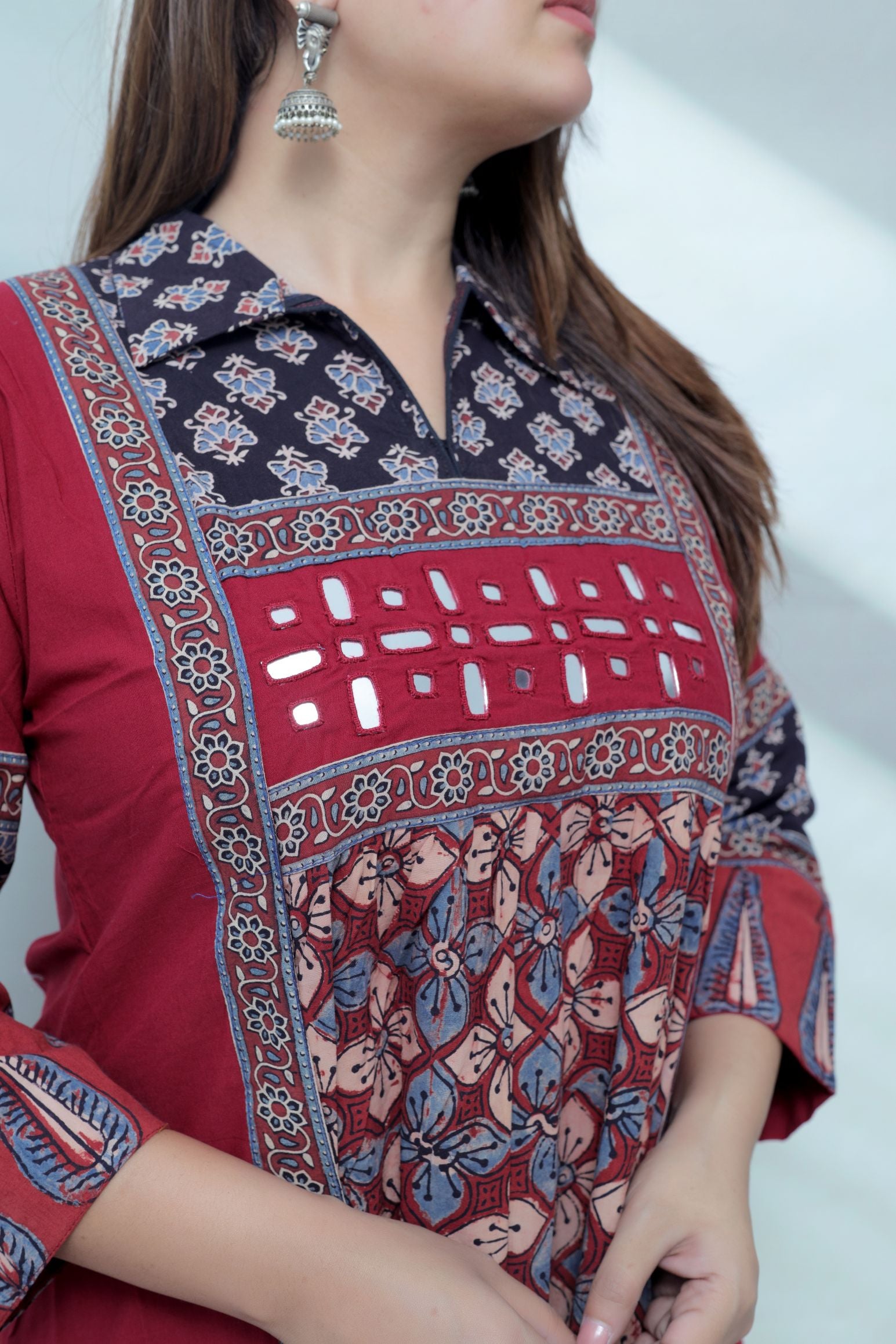 Riya Ajarakh Plain Mirror & Collar Cotton  Long Kurti/One Piece