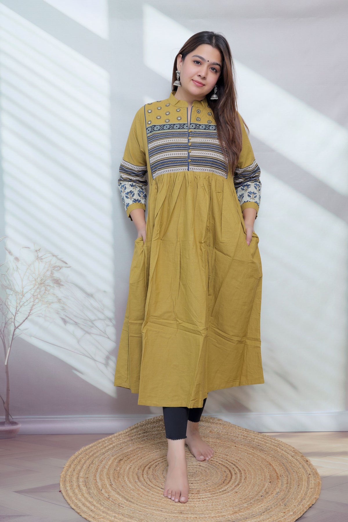 Reeva Ajarakh Plain Kutch Mirror Cotton Long Kurti/One Piece