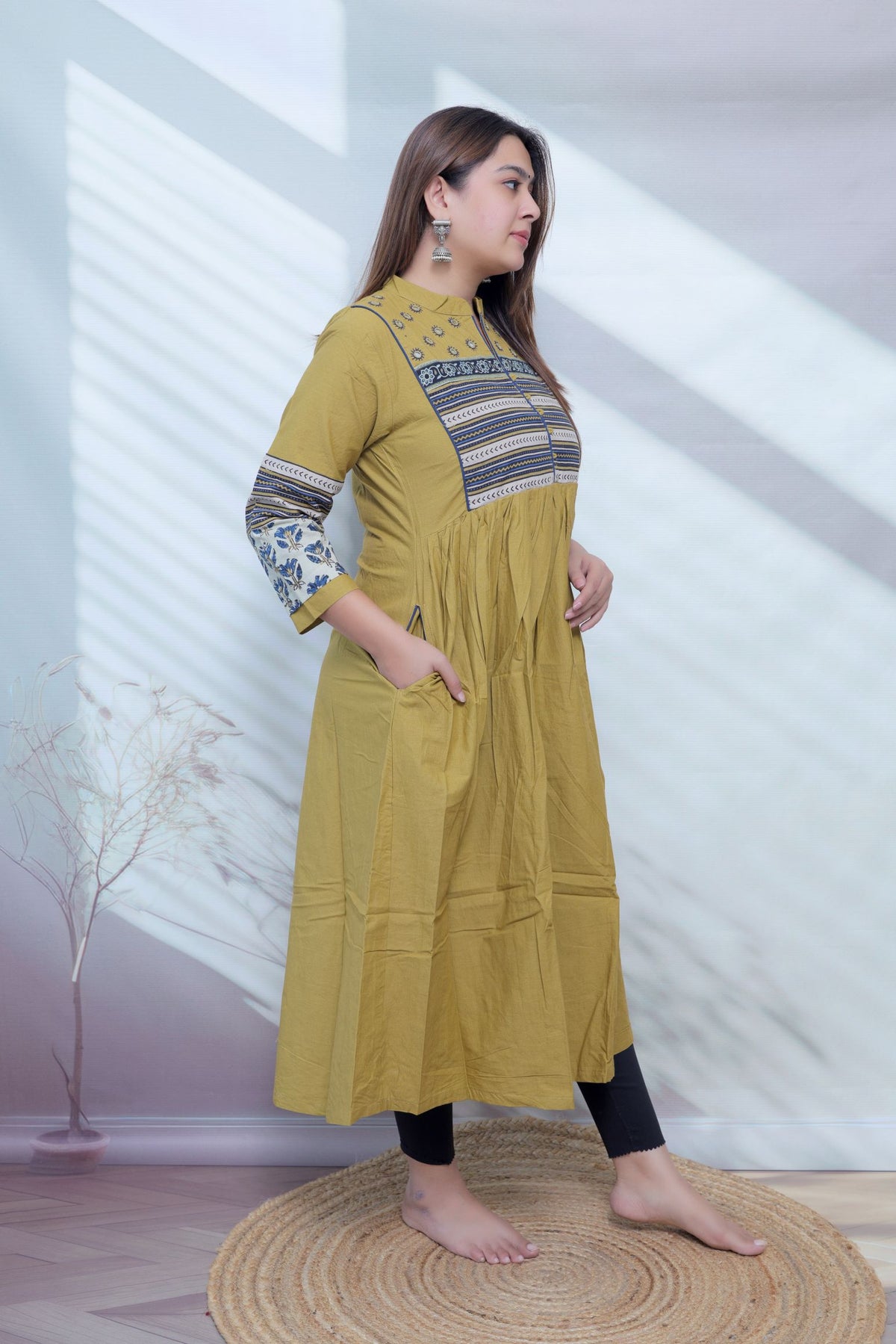 Reeva Ajarakh Plain Kutch Mirror Cotton Long Kurti/One Piece