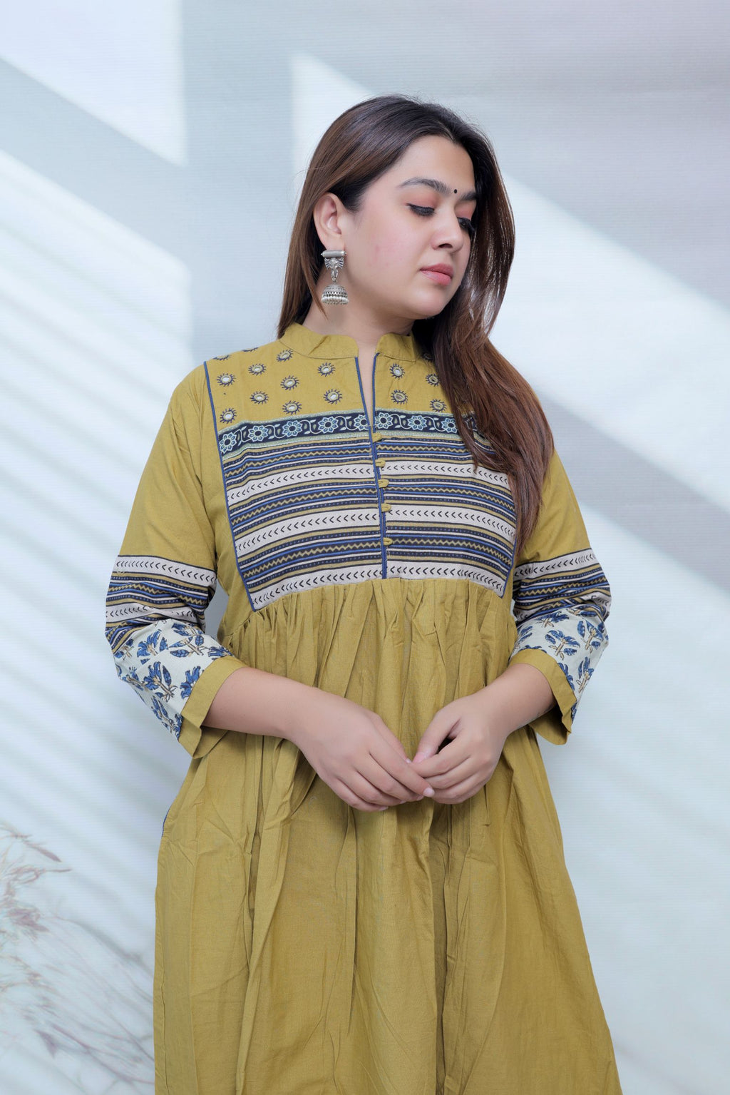 Reeva Ajarakh Plain Kutch Mirror Cotton Long Kurti/One Piece
