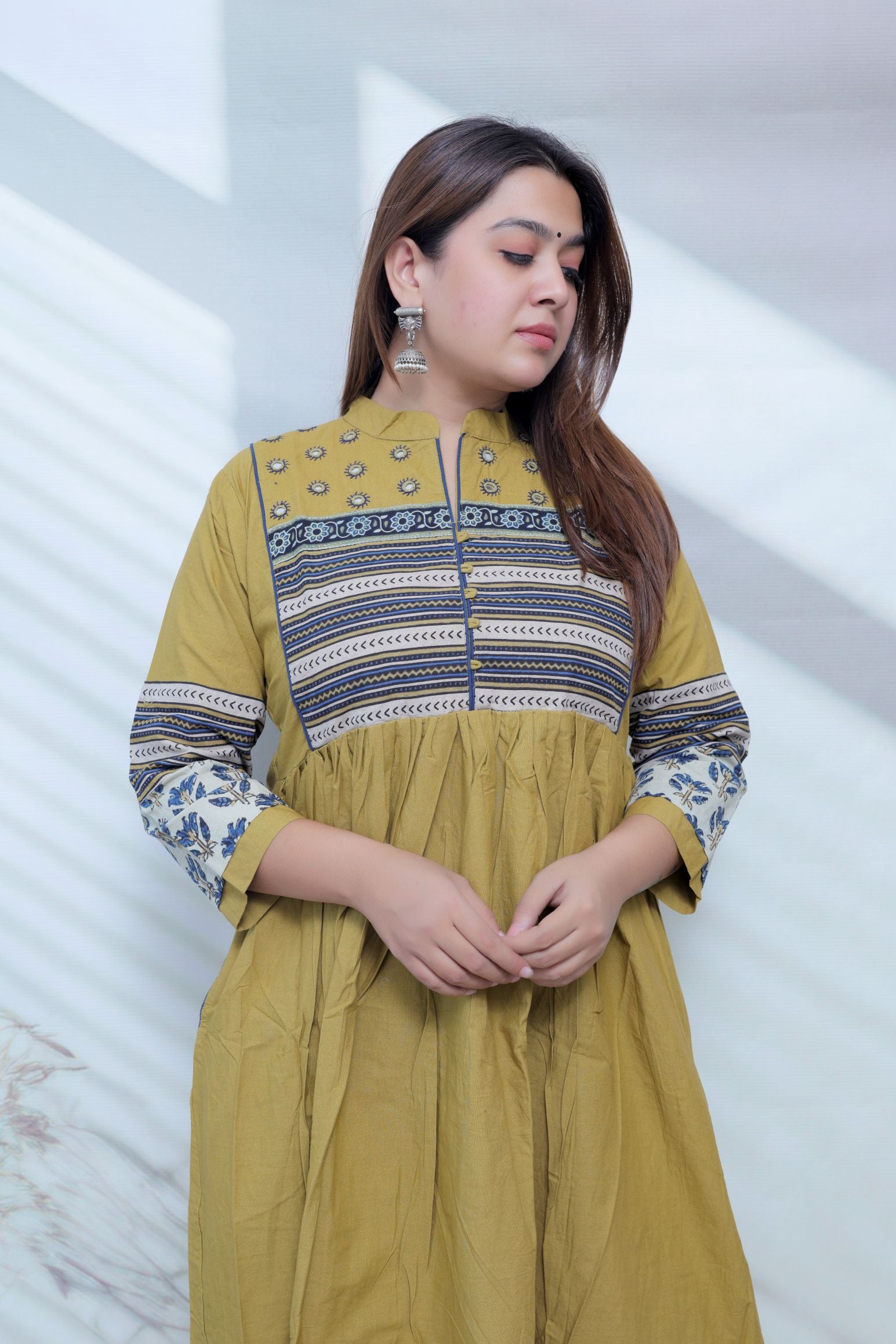 Reeva Ajarakh Plain Kutch Mirror Cotton Long Kurti/One Piece