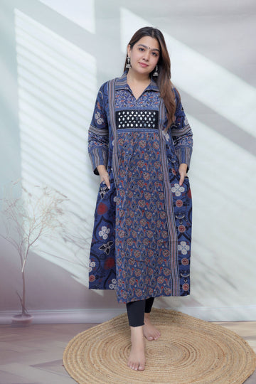 Swara Ajarakh Flap Collar & Mirror Cotton Long Kurti/One Piece