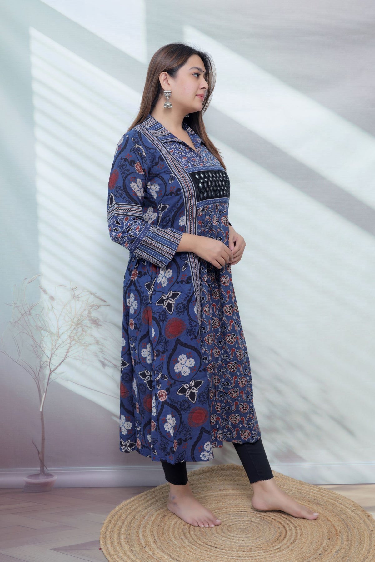 Swara Ajarakh Flap Collar & Mirror Cotton Long Kurti/One Piece