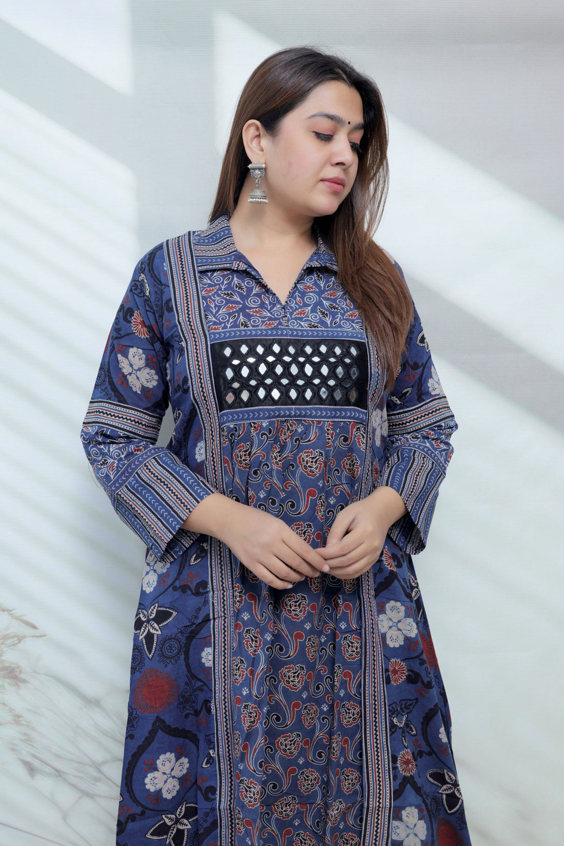 Swara Ajarakh Flap Collar & Mirror Cotton Long Kurti/One Piece