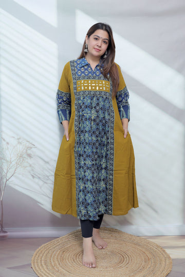 Riya Ajarakh Plain Mirror & Collar Cotton  Long Kurti/One Piece