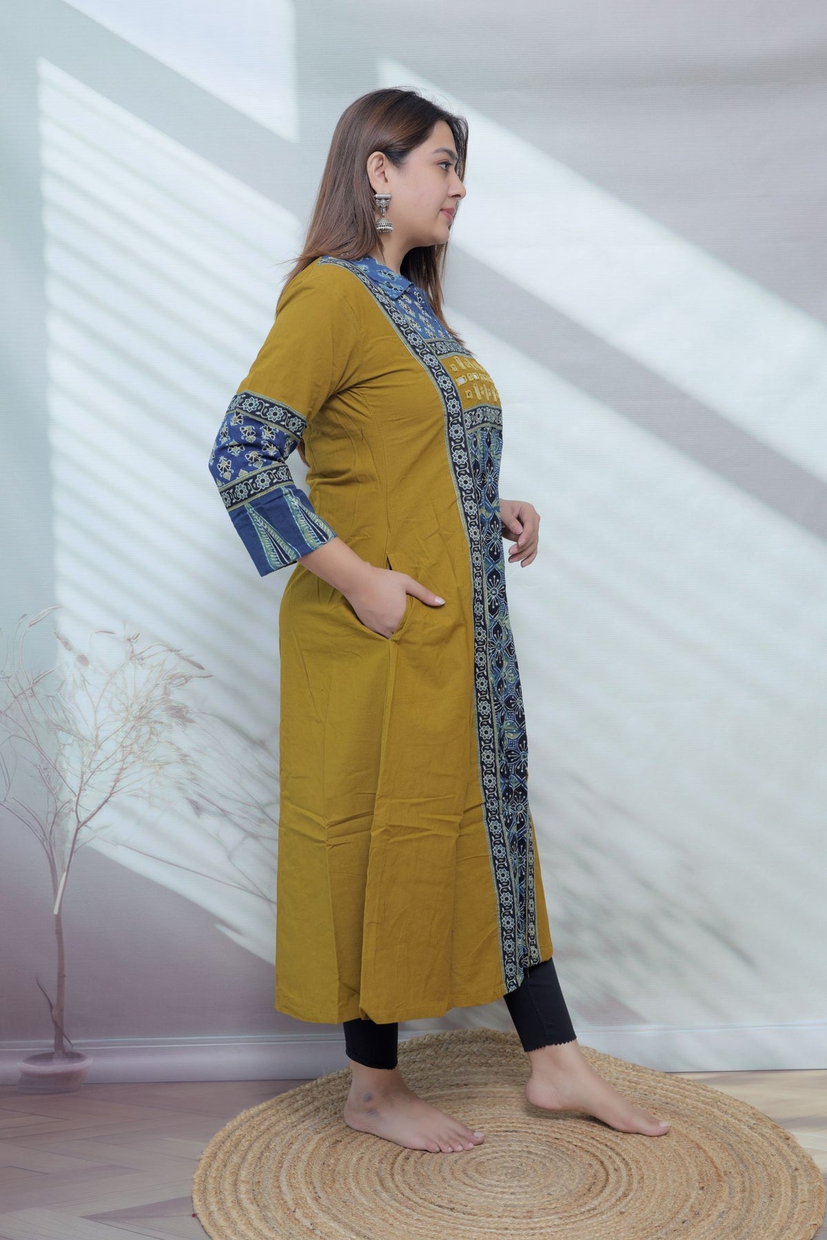 Riya Ajarakh Plain Mirror & Collar Cotton  Long Kurti/One Piece
