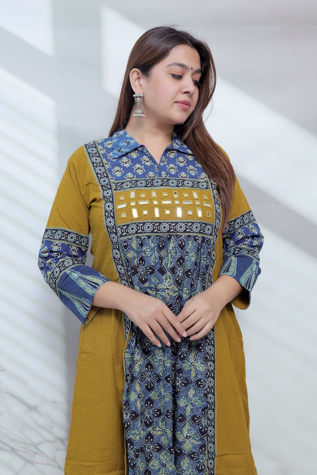 Riya Ajarakh Plain Mirror & Collar Cotton  Long Kurti/One Piece