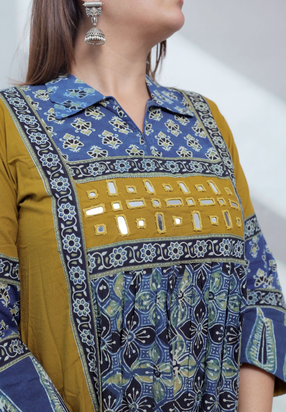 Riya Ajarakh Plain Mirror & Collar Cotton  Long Kurti/One Piece