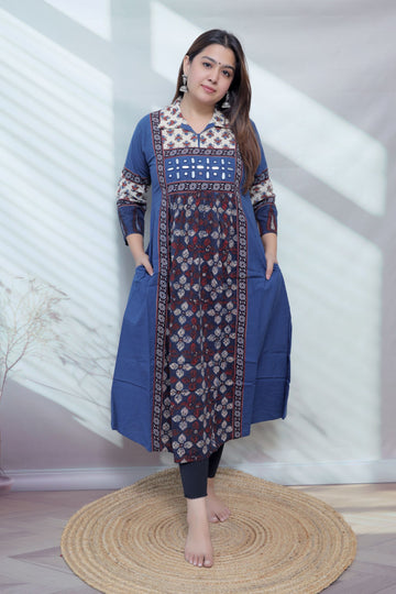 Riya Ajarakh Plain Mirror & Collar Cotton  Long Kurti/One Piece