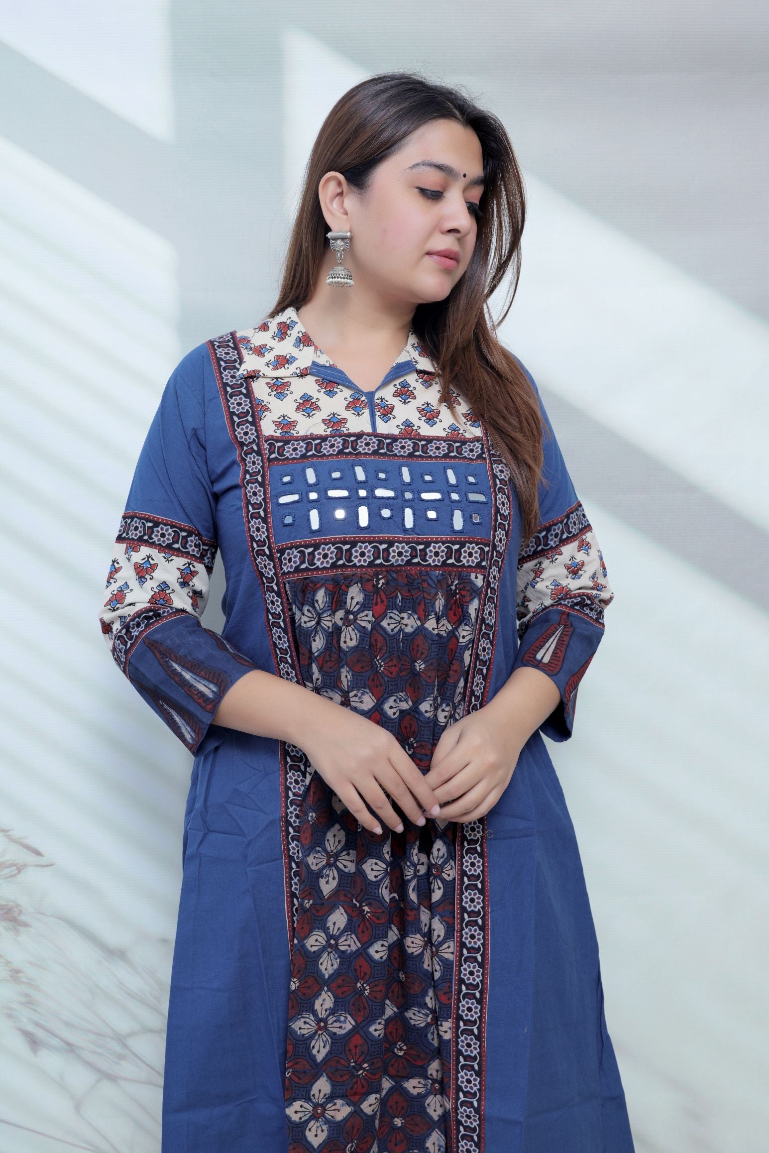 Riya Ajarakh Plain Mirror & Collar Cotton  Long Kurti/One Piece