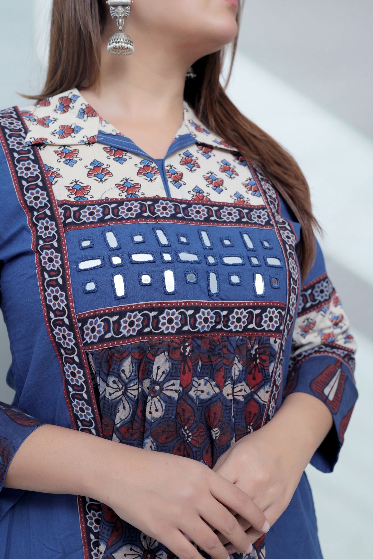 Riya Ajarakh Plain Mirror & Collar Cotton  Long Kurti/One Piece