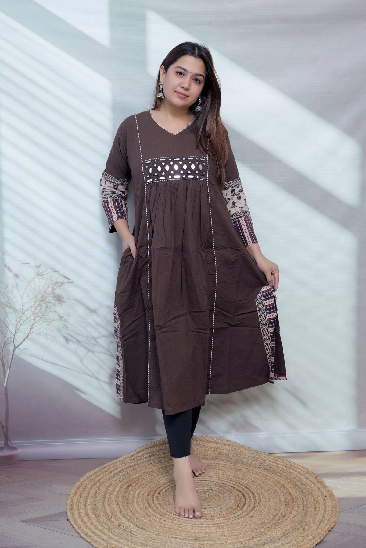 Kasis Ajarakh Plain Mirror Long Kurti/One Piece