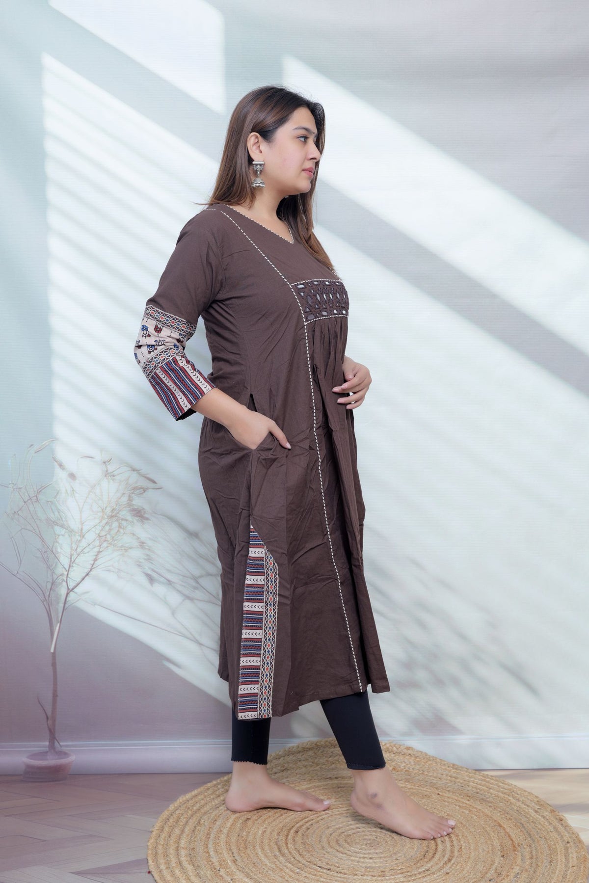 Kasis Ajarakh Plain Mirror Long Kurti/One Piece