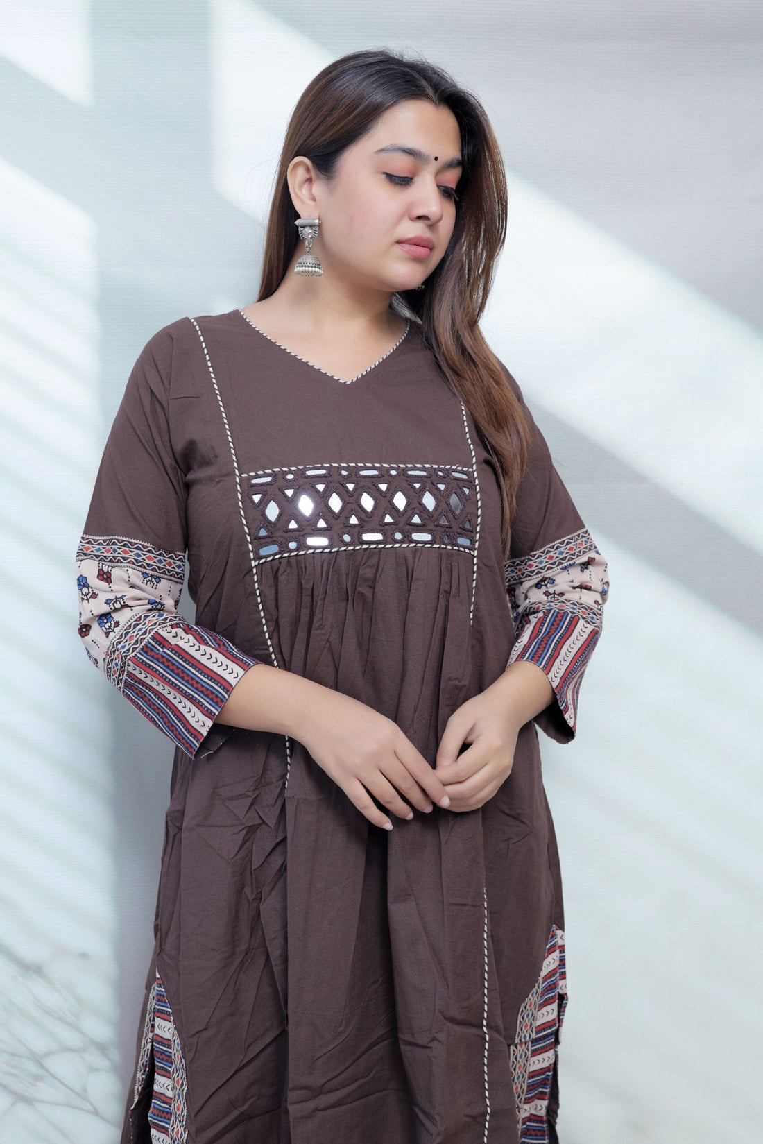 Kasis Ajarakh Plain Mirror Long Kurti/One Piece