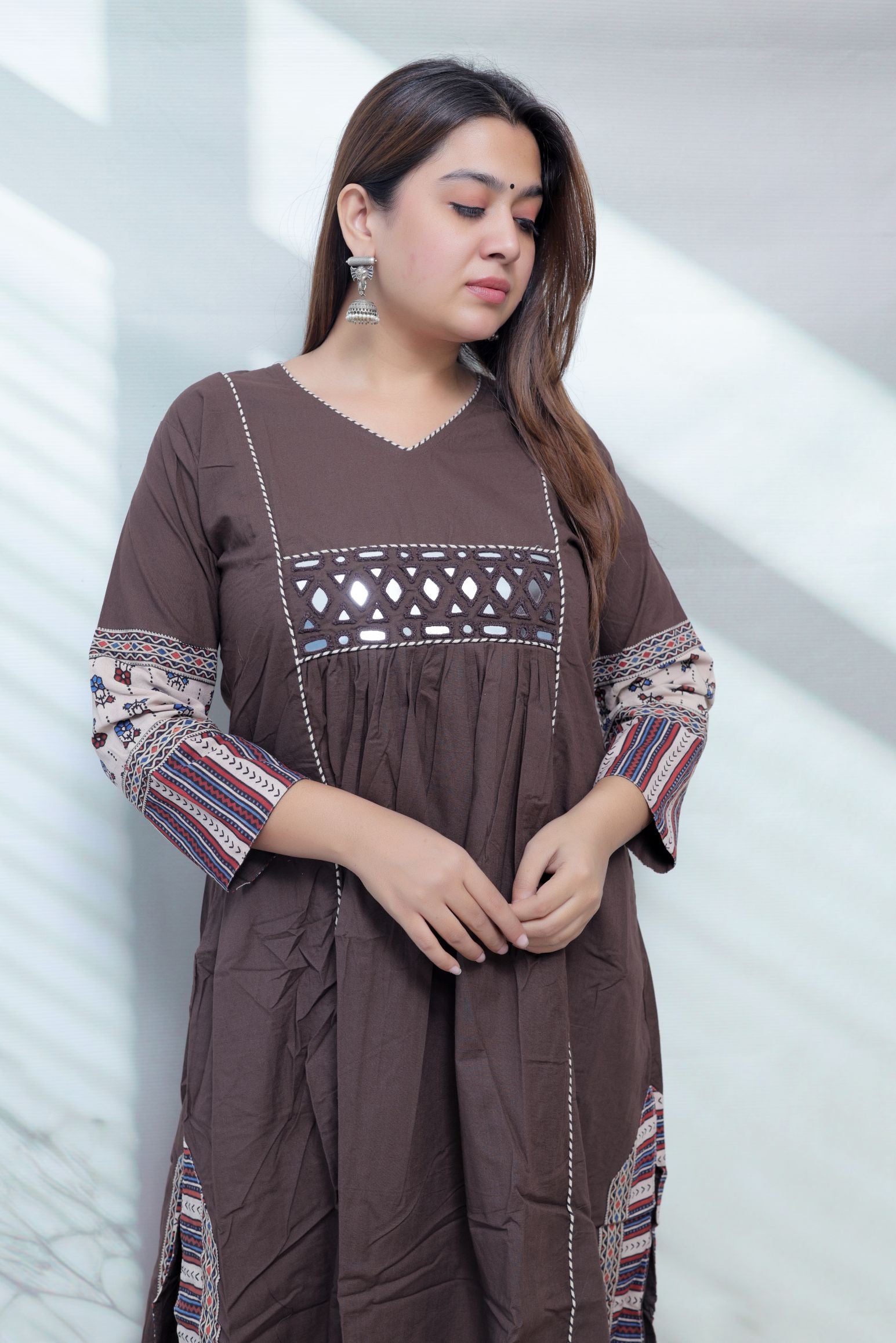 Kasis Ajarakh Plain Mirror Long Kurti/One Piece