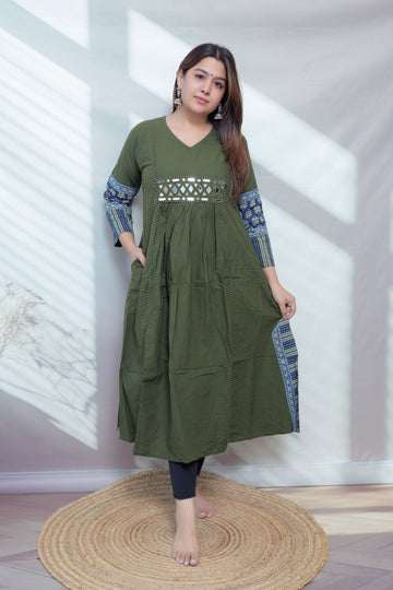 Kasis Ajarakh Plain Mirror Long Kurti/One Piece