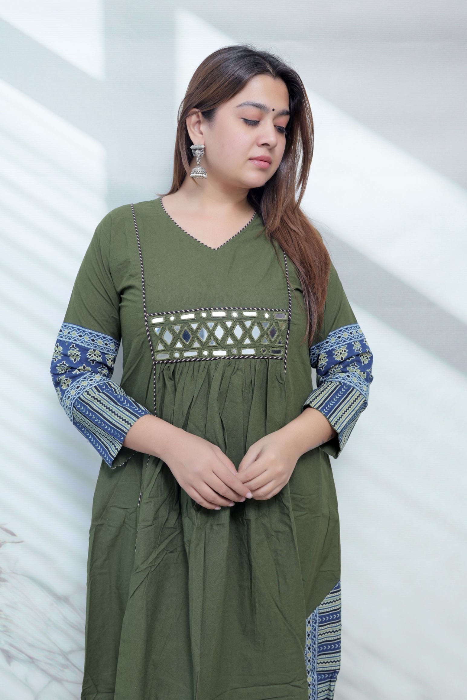 Kasis Ajarakh Plain Mirror Long Kurti/One Piece