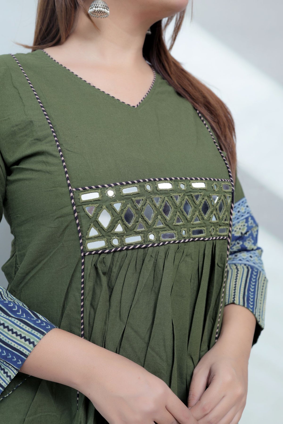 Kasis Ajarakh Plain Mirror Long Kurti/One Piece