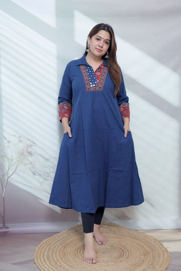 Sejal Plain Collar & Mirror A Line Cotton Kurti