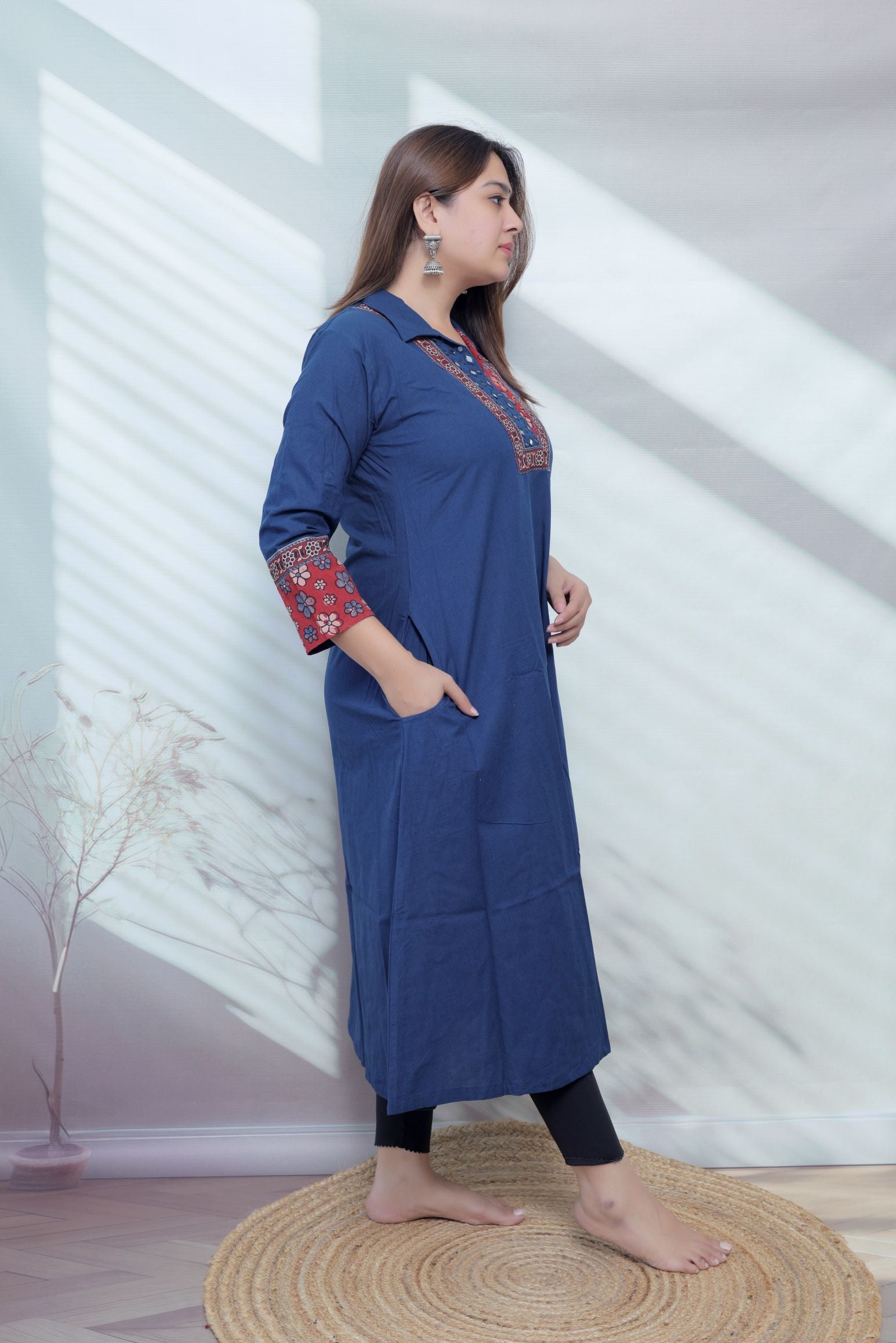 Sejal Plain Collar & Mirror A Line Cotton Kurti