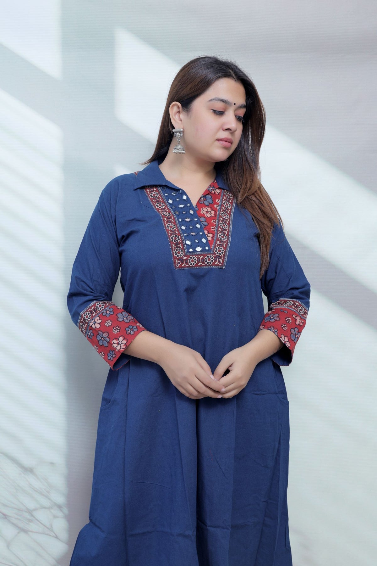 Sejal Plain Collar & Mirror A Line Cotton Kurti