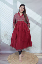 Anni Ajarakh Plain Mirror V Neck Cotton Long Kurti/One Piece
