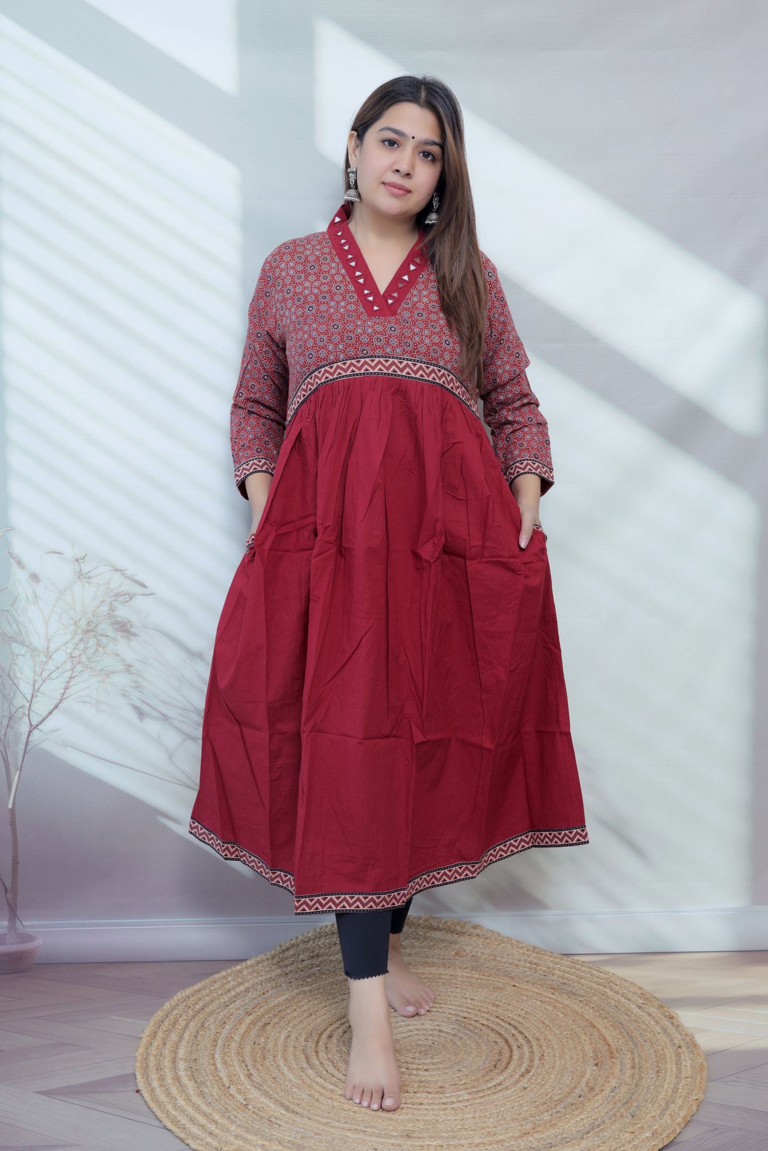 Anni Ajarakh Plain Mirror V Neck Cotton Long Kurti/One Piece