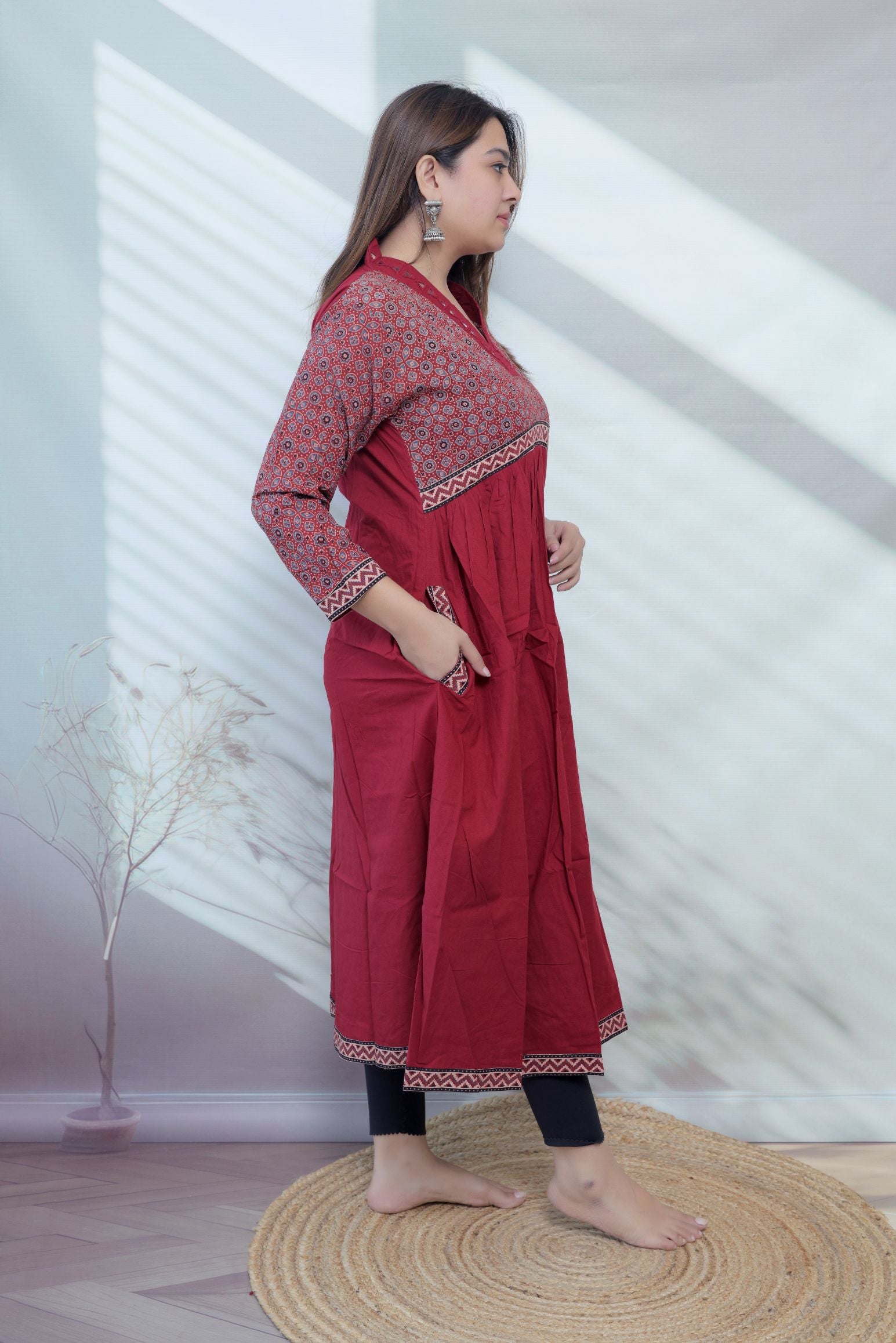 Anni Ajarakh Plain Mirror V Neck Cotton Long Kurti/One Piece