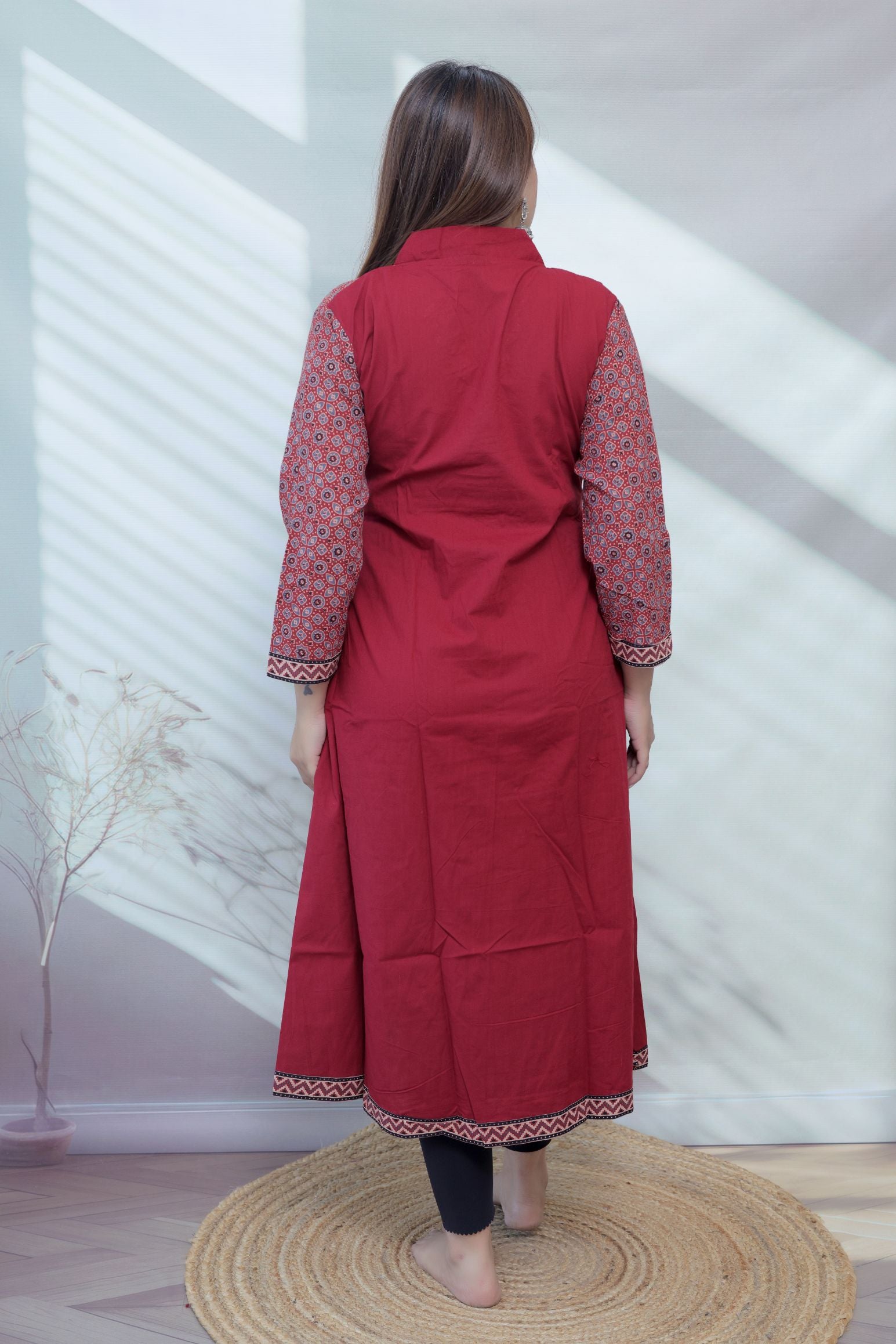 Anni Ajarakh Plain Mirror V Neck Cotton Long Kurti/One Piece