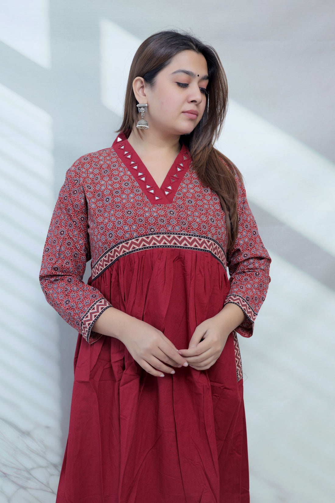 Anni Ajarakh Plain Mirror V Neck Cotton Long Kurti/One Piece