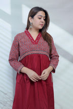 Anni Ajarakh Plain Mirror V Neck Cotton Long Kurti/One Piece