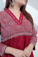 Anni Ajarakh Plain Mirror V Neck Cotton Long Kurti/One Piece