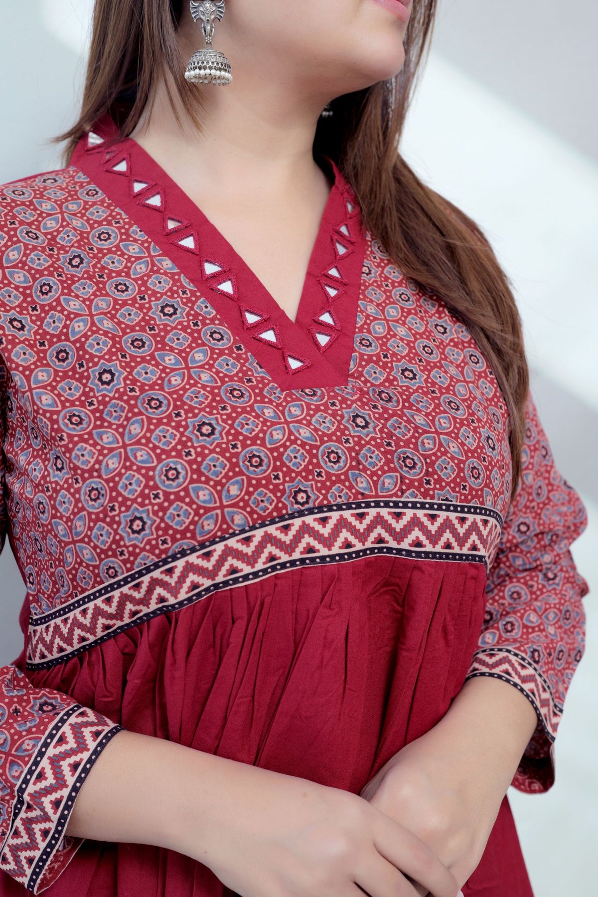 Anni Ajarakh Plain Mirror V Neck Cotton Long Kurti/One Piece