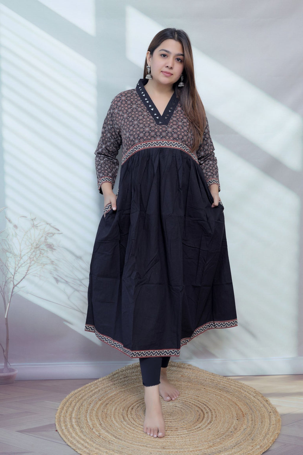 Anni Ajarakh Plain Mirror V Neck Cotton Long Kurti/One Piece