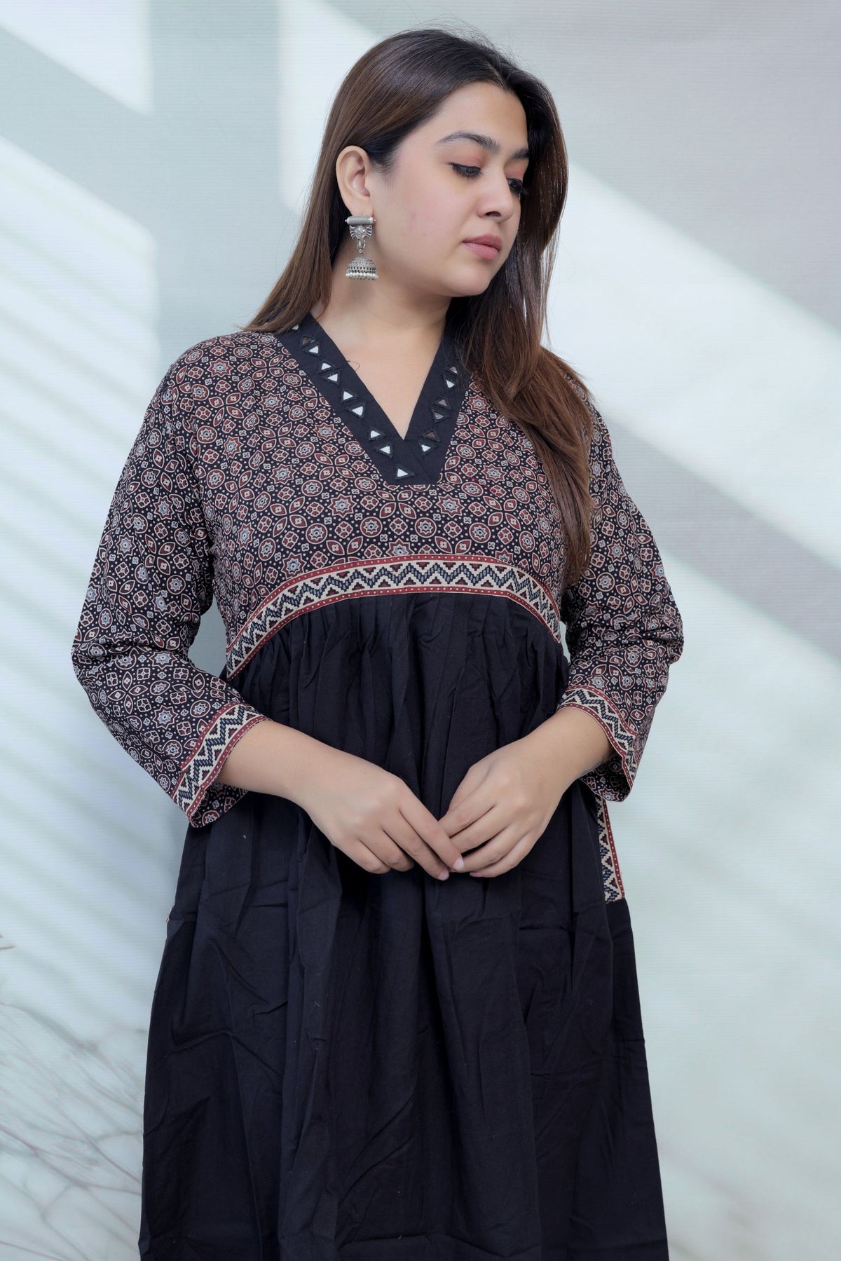 Anni Ajarakh Plain Mirror V Neck Cotton Long Kurti/One Piece