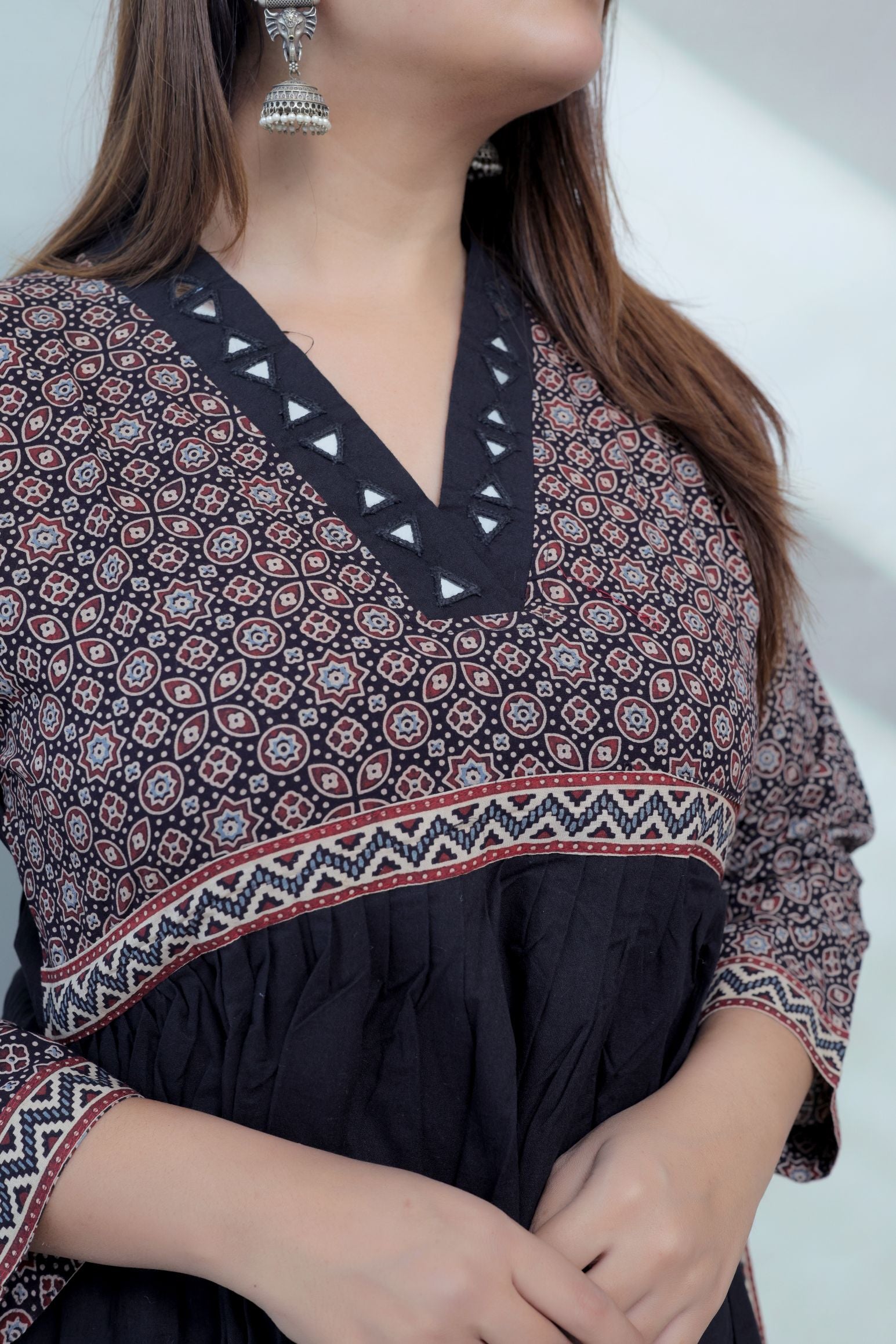 Anni Ajarakh Plain Mirror V Neck Cotton Long Kurti/One Piece