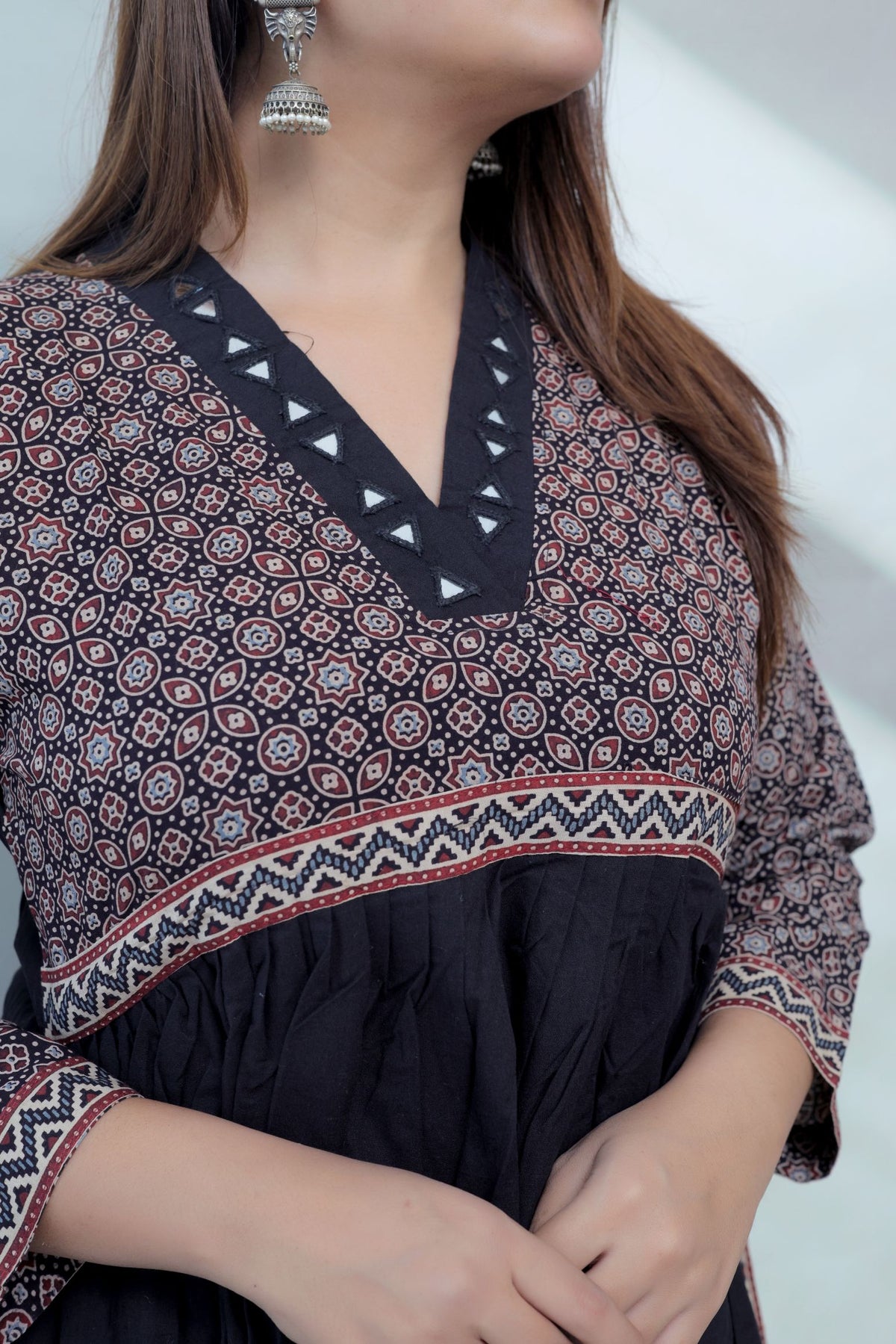 Anni Ajarakh Plain Mirror V Neck Cotton Long Kurti/One Piece