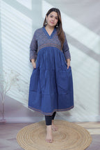 Anni Ajarakh Plain Mirror V Neck Cotton Long Kurti/One Piece