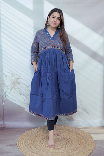 Anni Ajarakh Plain Mirror V Neck Cotton Long Kurti/One Piece
