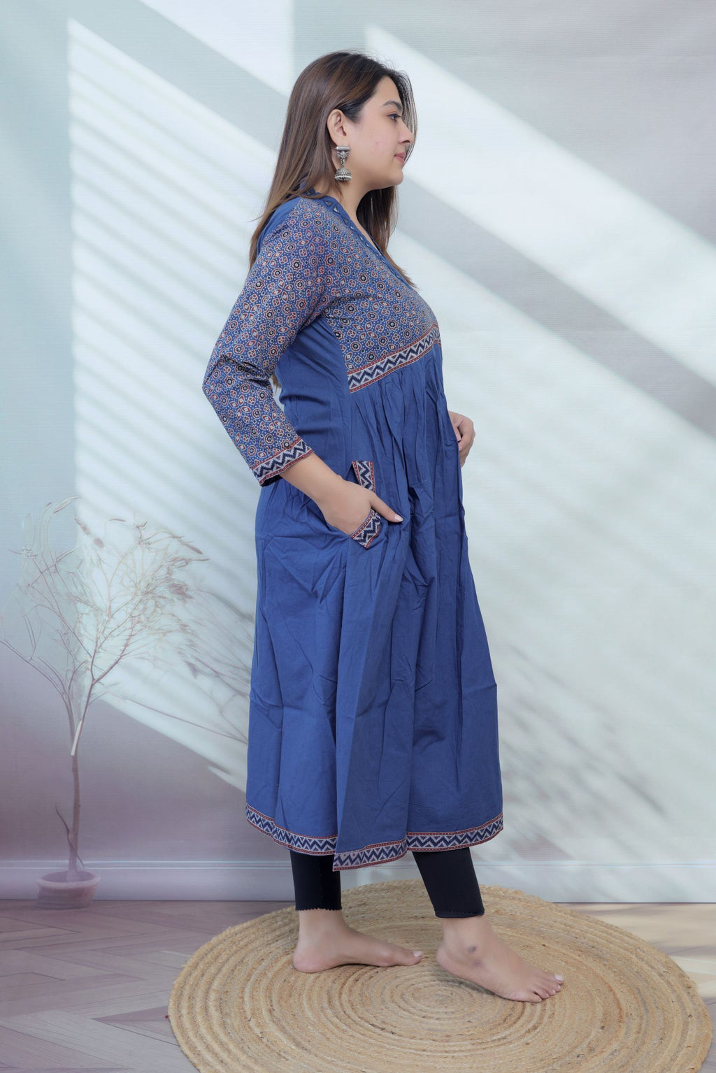 Anni Ajarakh Plain Mirror V Neck Cotton Long Kurti/One Piece