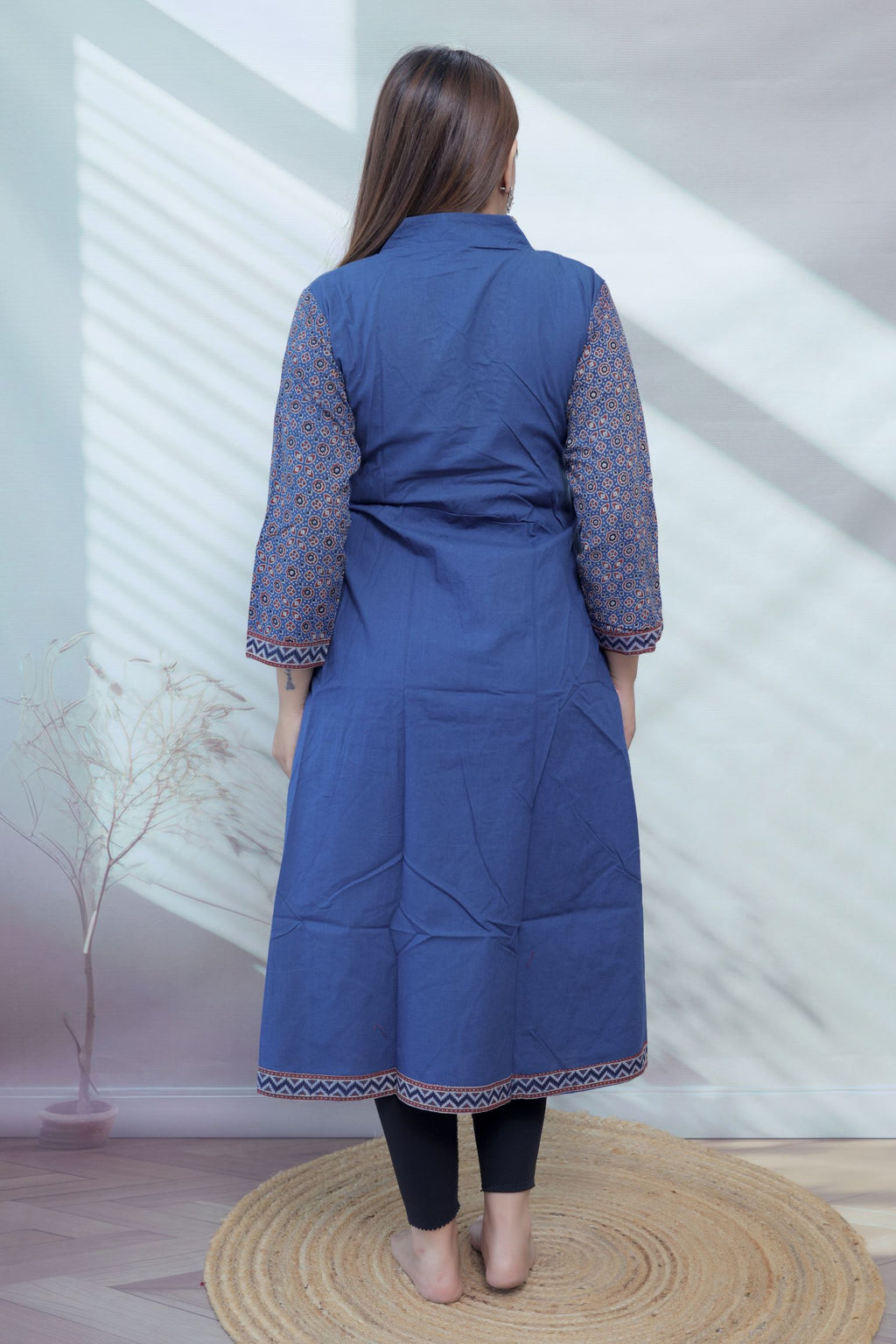 Anni Ajarakh Plain Mirror V Neck Cotton Long Kurti/One Piece
