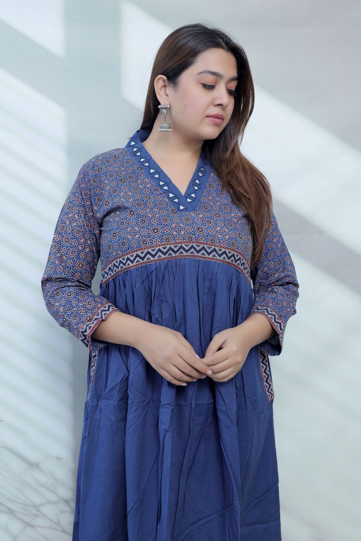 Anni Ajarakh Plain Mirror V Neck Cotton Long Kurti/One Piece