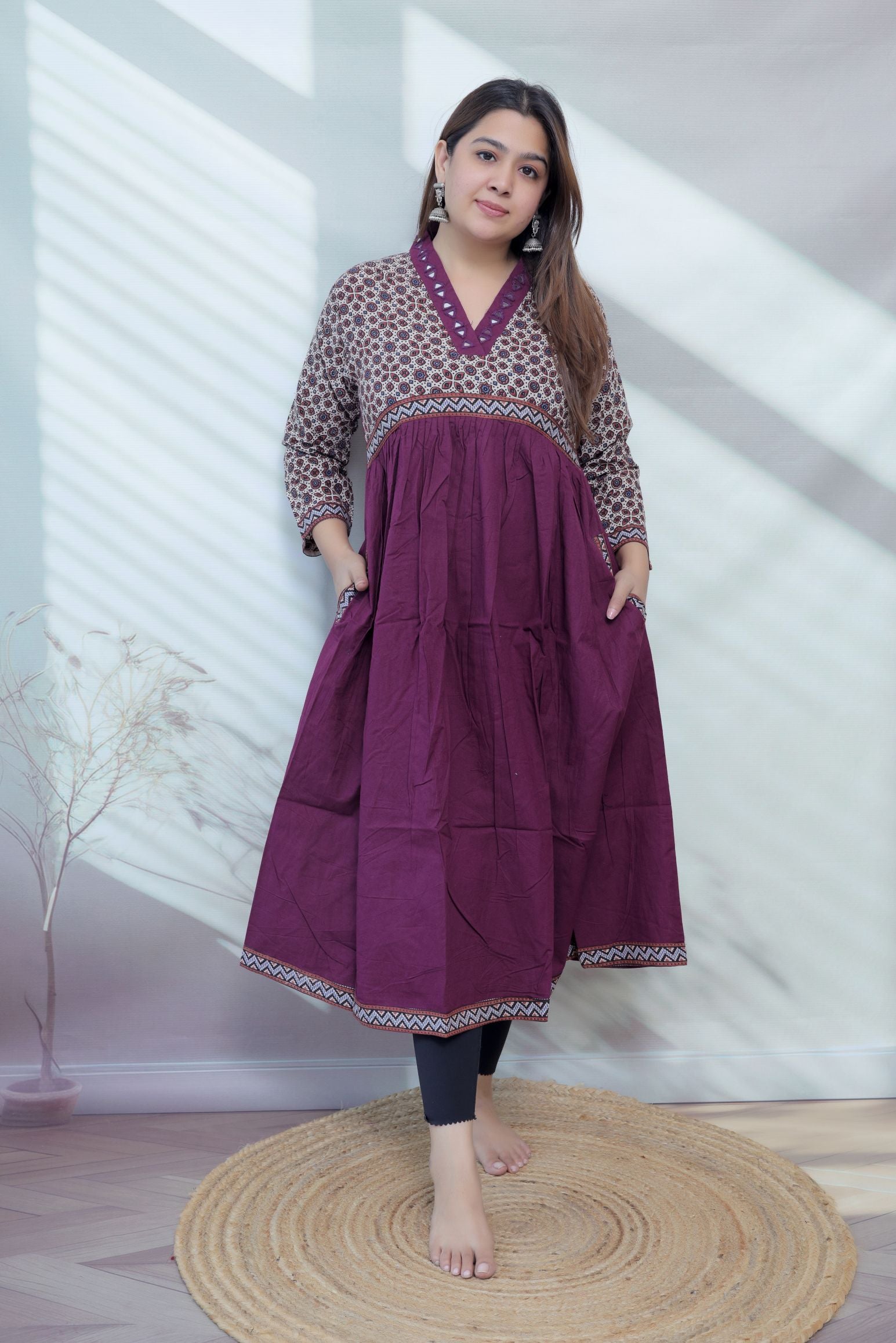 Anni Ajarakh Plain Mirror V Neck Cotton Long Kurti/One Piece