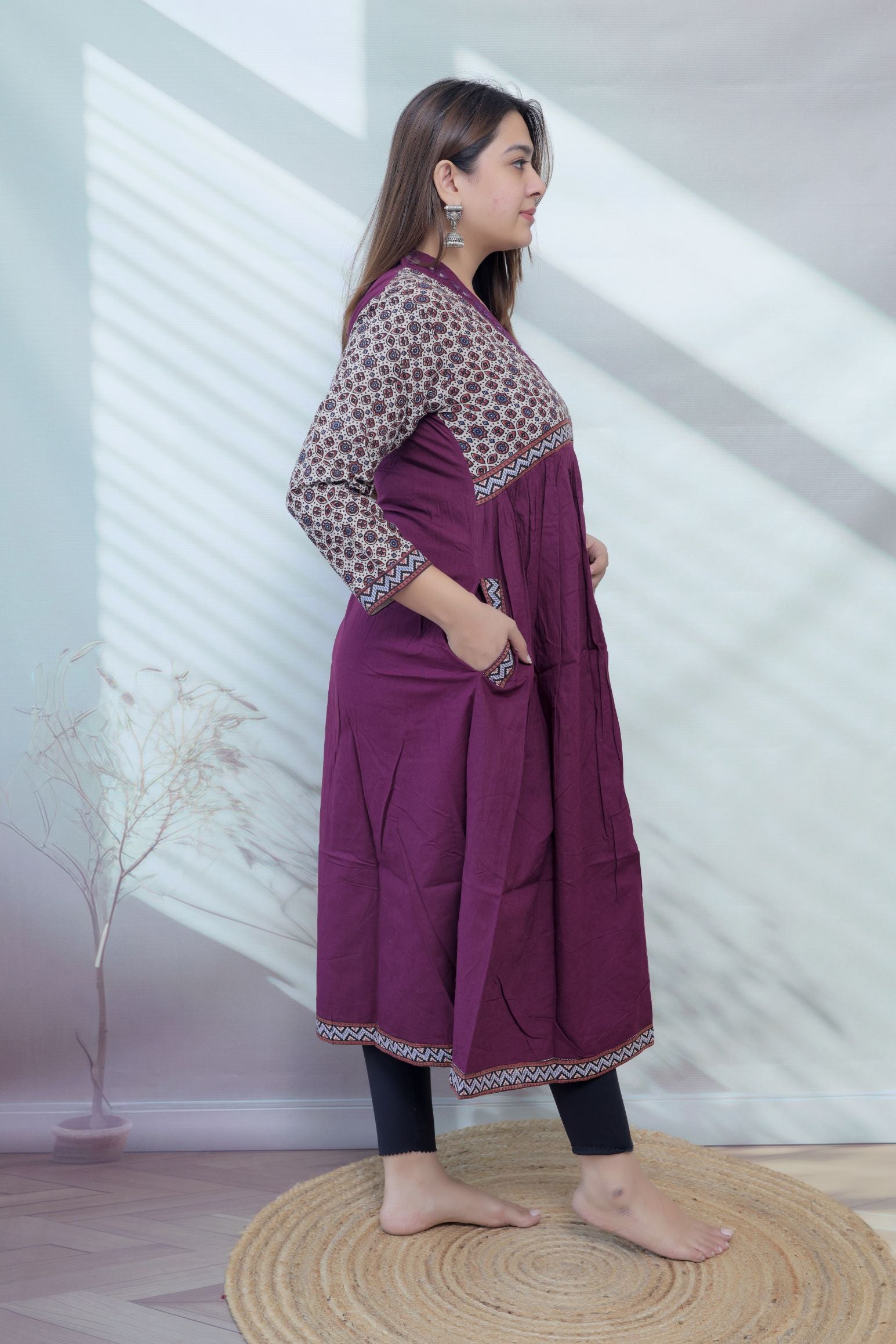 Anni Ajarakh Plain Mirror V Neck Cotton Long Kurti/One Piece