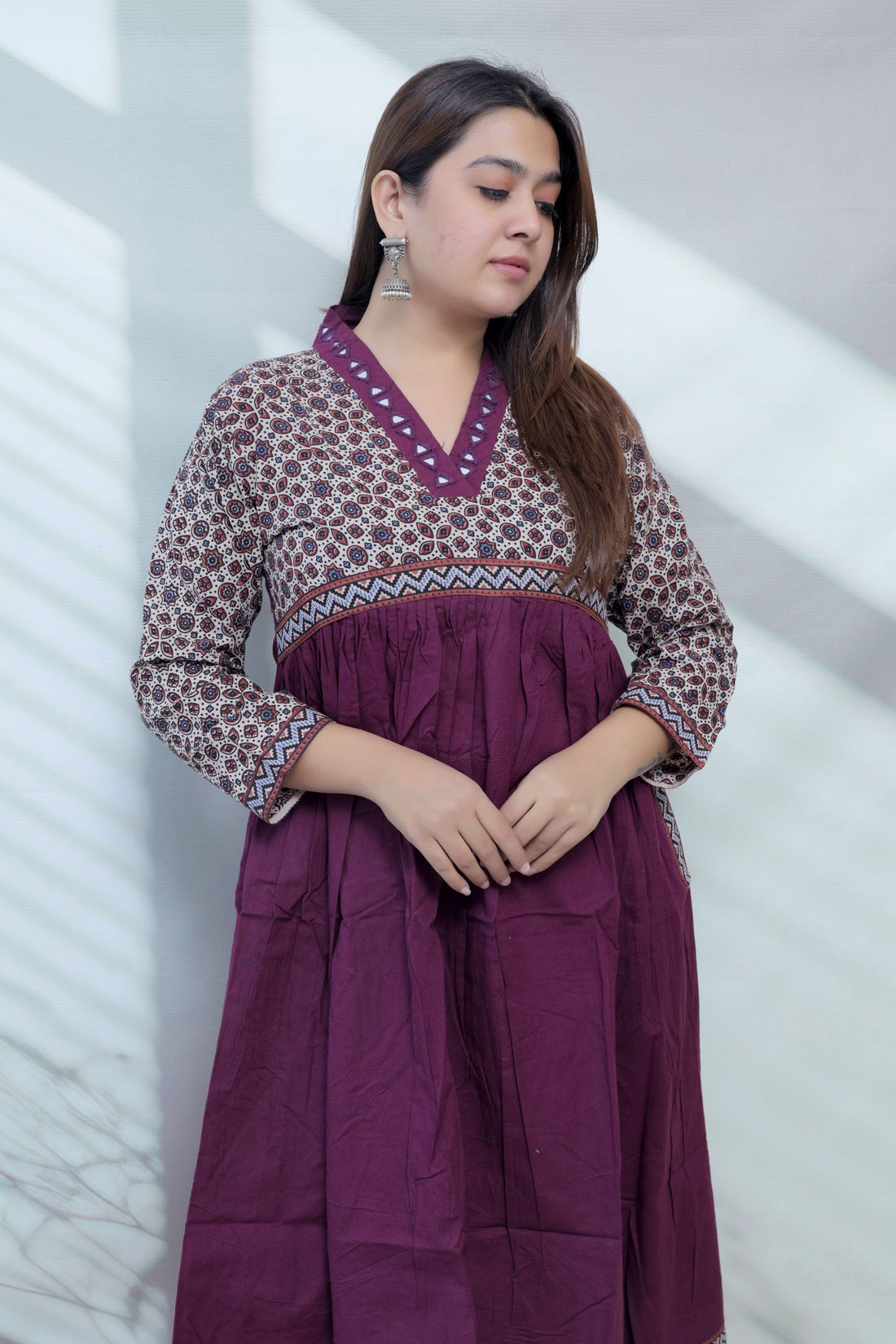 Anni Ajarakh Plain Mirror V Neck Cotton Long Kurti/One Piece
